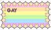 Pastel rainbow flag with stars around, it says 'gay'