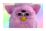 Pink furby with pastel rainbow background