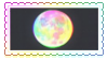 A neon-y rainbow and white moon on black